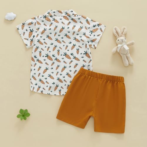 Image of Owl's-Yard Baby Boy Easter Outfits Rabbit Carrot Short Sleeve Button Down Shirts and Solid Color Shorts 2 Pcs Summer Set