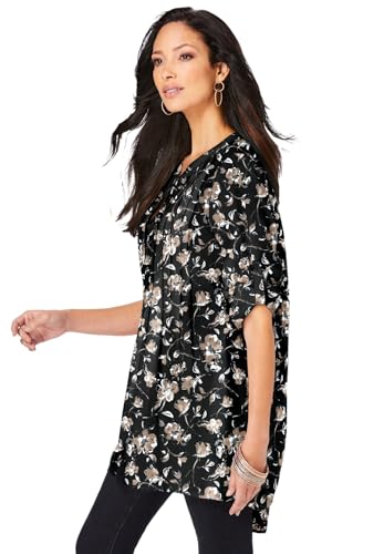 Roaman's Women's Plus Size Plus Size Floral Y-Neck Pintuck Tunic – Adjustable Long Sleeve Button-Front, Relaxed Shirt Style3