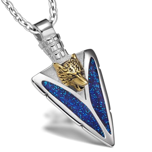 Magic Human Wolf Arrowhead Necklace - Gold Tone Wolf Protection Necklace - Stainless Steel Jewelry - Spearhead Protection Amulet - Cool Necklaces for Men and Women - Wolf Tooth Pendant