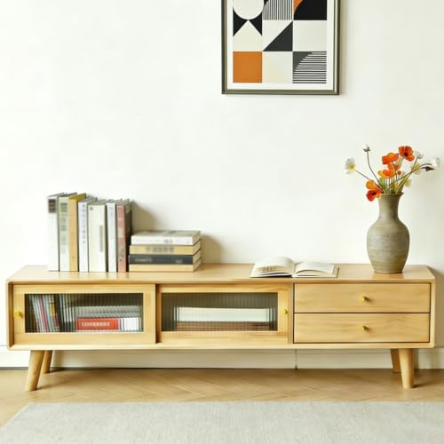 Consola de TV Con Puerta Corrediza de Madera Maciza, Gabinete Multimedia Ajustable Con Múltiples Compartimentos, Sala de Estar Doméstica(Natural,200CM/78.7IN_STYLE2)