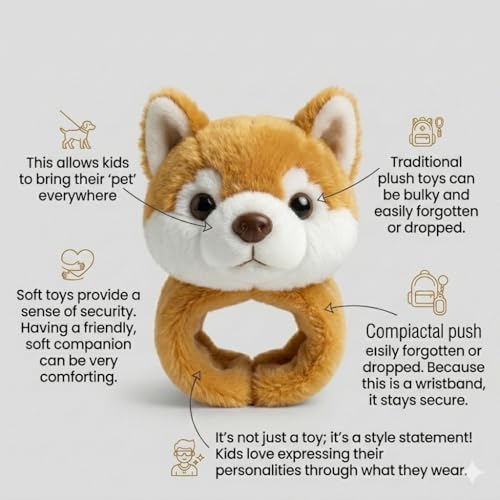 Image of Husky Plush Wrist Band Soft Toy Golden Brown Wearable Stuffed Animal & Soft Wrist braclete for Kids, Teens & Adults - Ultra-Soft Faux Fur Husky Puppy Companion for Travel, Backpacks,