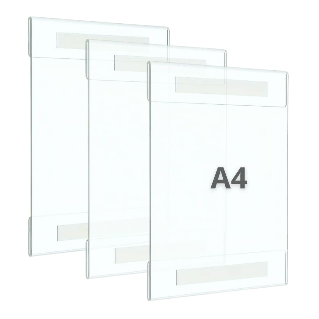 Expositor metacrilato A4 de pared, pack 3 unidades, soporte acrílico para carteles A4 con cinta doble cara, porta documentos, marco de acrílico, portafolios transparente.