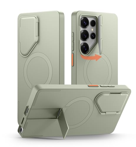 SURITCH Magnétique Coque Compatible avec Samsung Galaxy S25 Ultra avec Couvercle de Caméra et Support Métallique Résistante aux Chocs Housse de Protection pour Galaxy S25 Ultra 5G-Vert