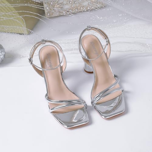 Image of RIBONGZ Block Heels Prom Heeled Sandals for Women Chunky Square Open Toe Strappy High Heels Ankle Strap Wedding Bridal Shoes High Heel Sandals for Party Dress