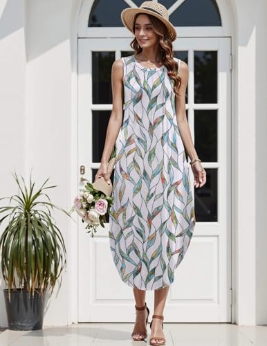 Image of Zeagoo Women Floral Summer Casual Beach Printed Tank Dress with Pockets Pleated Front Long Dress