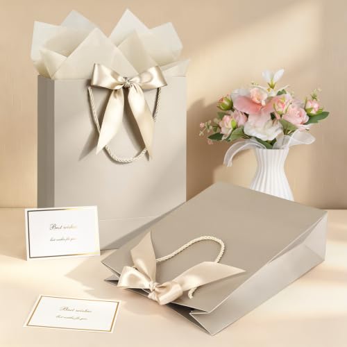 Image of JMANNI Gift Bag, 1PCS Bags with Ribbon and 1 Greeting Cards 2 Tissue Paper, Portable Paper Gift Bag with Handles, Present Bags for Birthday Wedding Party Graduation Mothers Day Fathers Day(Champagne)
