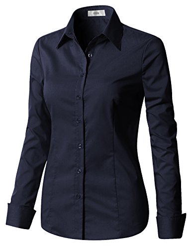 EZEN Womens Casual Long Sleeve Button Down Collared Shirt Navy Small
