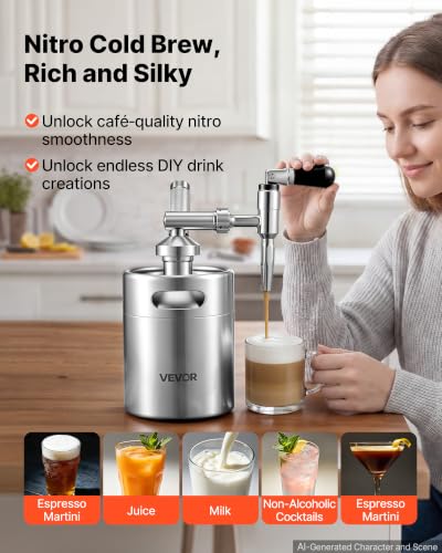 Image of VEVOR Nitro Cold Brew Coffee Maker 68 oz Nitrogen Dispenser System, Home Brew Coffee Keg, Portable Nitrogen Infuser with Dispenser and Pressure Relieving Valve, Gift for Coffee Lovers