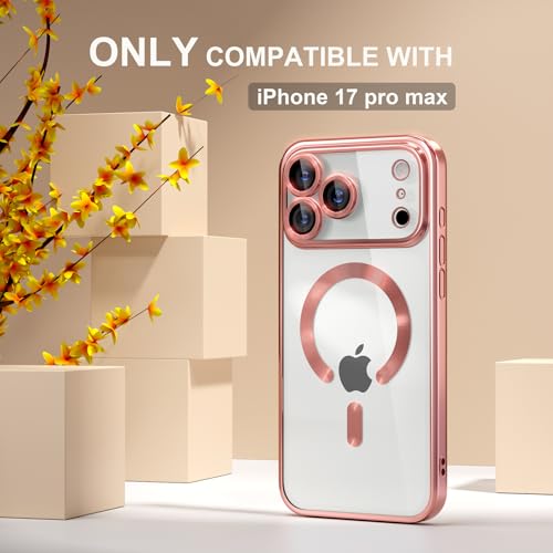 Image of Misea Magnetic for iPhone 17 Pro Max Case Compatible MagSafe Pink | [Never Yellowing] [Military Drop Protection] Full Camera Lens Protector Plating Soft Clear Phone Case for Women, Pink
