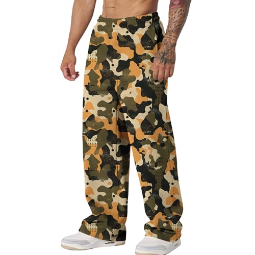 Camo Pants for Men Graphic Baggy Sweatpants Wide Legs Elastic Waist Trousers Casual Fashion Street Jogger Pocket