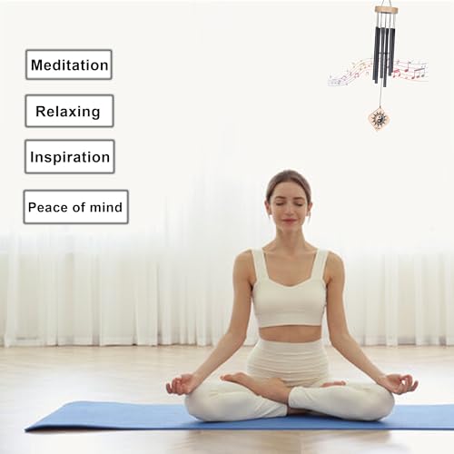 Image of 6 Pipe Aluminum & Wood Wind Chimes for Home Positive Energy - Black | Deep Tone Outdoor Wind Chime | Garden & Balcony Decor | Hanging Bell for Peace & Harmony