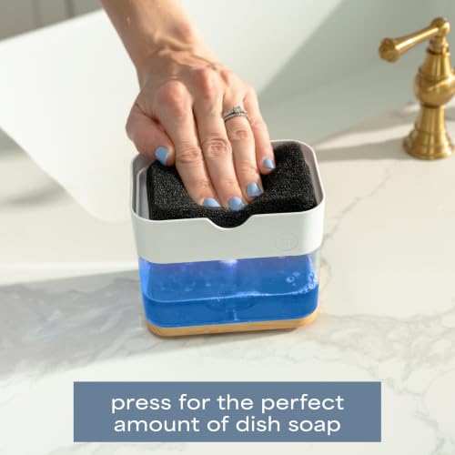 Image of S&T INC. Dish Soap Dispenser and Sponge Holder, Plastic Bamboo and White