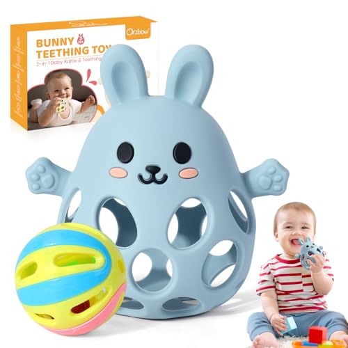 Orzbow Baby Teething Rattle Toys, Wrist Rattles Teething Mitten for Teething Relief, Easy Grasp Hand Teether with Textured Surface, Easter Gift for Newborn 3-6-12 Months, Food Grade Silicone, Blue