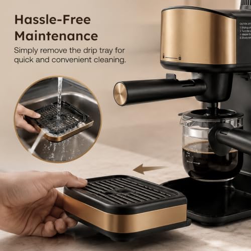 Image of Prestige Espresso 800W Coffee Maker Black and Gold|Detachable Drip Tray|Built-In Milk Frother|1 Year Warranty