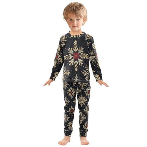 Fustylead Winter Gold Christmas Snowflake Cotton Pajamas 2-Piece Long Sleeve Sleepwear Matching Set3