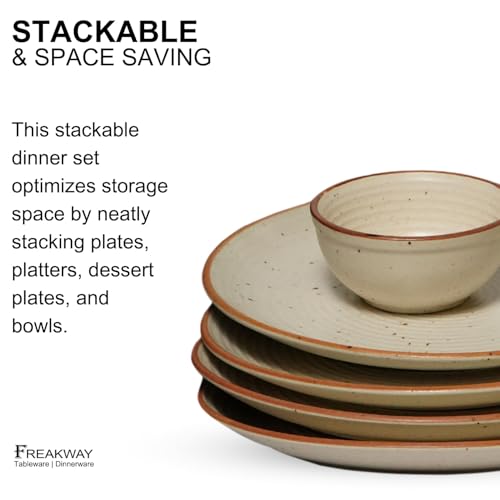 Image of Freakway Ceramic Dinner Set 18 Pieces | Stoneware Dinnerware with 6 Dinner Plates, 6 Quarter Plates & 6 Bowls | Rustic Speckled Design, Off-White
