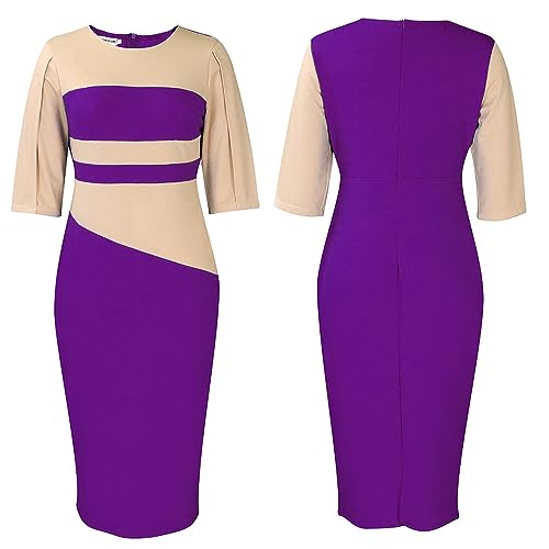 Dress Women Women's Sexy Bodycon Half Sleeve Round Neck Colorblock Slim Fit Work Office Midi Pencil Dress3