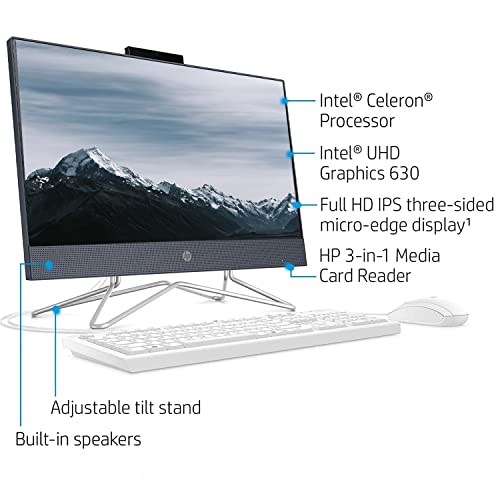 Image of HP 2022 AIO Desktop, 21.5 inch FHD Display, Intel Celeron G5905T Processor, 12GB RAM, 256GB PCIe SSD, Webcam, DVD-RW, Wi-Fi, HDMI, Bluetooth, Wired KB and Mouse, Windows 11 Home, Blue