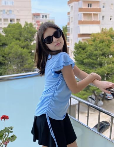 Image of Arshiner Girls T Shirts Ruffle Short Sleeve Ruched Knot Side Tunic Blouse Summer Tee Tops
