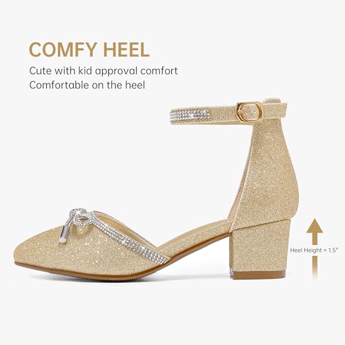 Image of LAURMOSA Girls Sandals Closed Toe High Heels Pointed Toe Ankle Strap Pumps Flower Girl Dressy Shoes in Wedding Party Cute Bowknot Chunky Block Heeled for Little Big Kids