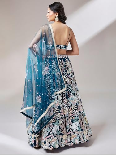 Image of Zeel Clothing Women's Sequins Embroidered Fabric Soft Net Lehenga Choli With Dupatta (6032-Blue-Wedding-Stylish-Lehenga-Choli-Latest; Free Size), Customizable Length
