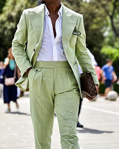 HZUOU Men's Summer Beach Linen Suits 2 Piece Slim Fit Wedding Groom Tuxedo with Peaked Lapel Two Button Prom Suits HZH142