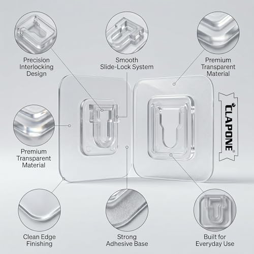 Image of Double-Sided Self Adhesive Male Female Wall Hooks for WiFi Router, Socket Box & Home Organization - Heavy Duty No Drill Transparent Sticker Wall Mount Hooks Bathroom, Kitchen & Office Use (20 Pack)