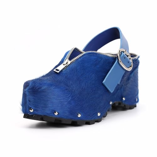 Image of XOBZJH Women's Natural Cow Print Fur Platform Clogs with Decorative Zipper & Adjustable Buckle Strap - Western Slip-On Punk Rivet Mules with Arch Support, Chunky Retro Rustic Style