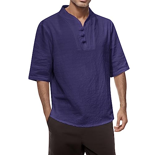Camiseta de verano para hombre, color sólido, botones de disco delgados, manga corta, cronómetro, azul, XXXXL