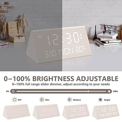 Kogonee Wooden Digital Alarm Clock, 0-100% Dimmer, 2 Alarm Settings, Weekday /Everyday Mode, 9 Mins Snooze, 12/24H, Temperature And Date Display For Office, Travel, Bedroom Alarm Clock (White) #TOP1