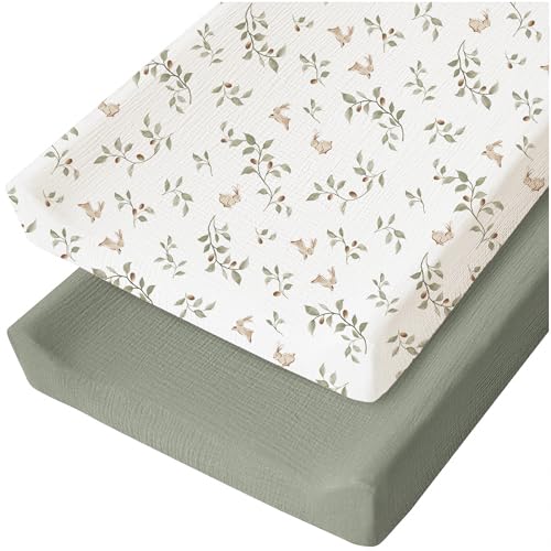 Image of Konssy 2 Pack Muslin Changing Pad Cover for Baby Girls Boys 100% Cotton Fitted Diaper Changing Table Cover Set, Soft Changing Pad Sheets (Rabbit,Fog Green)