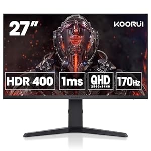 KOORUI Gaming 27″ 1440P HDR400 Monitor（27E3Q）– QHD(2560 x 1440), 170Hz, 1ms, Fast IPS, Freesync Premium, G-Sync Compatible, Tilt Pivot Swivel Vertical Height Adjustable, 2X HDMI & DisplayPort