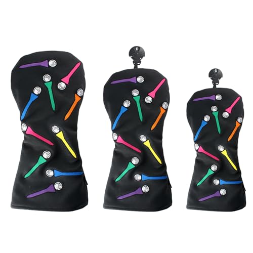 Andux 3pcs/Set Tee Pattern PU Golf Wood Club Head Covers Long Neck Black