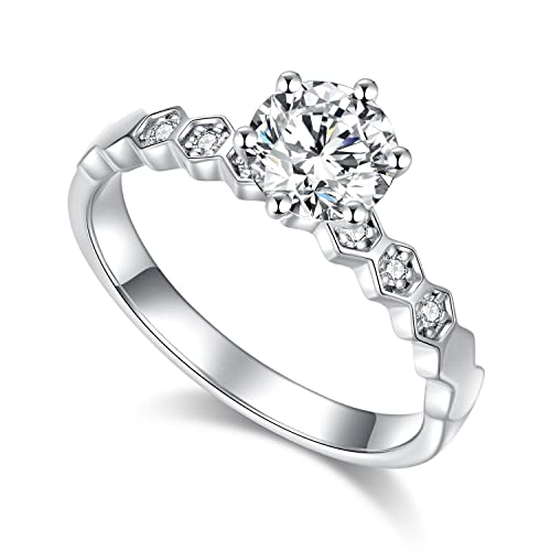 Moissanite Engagement Ring for Women White Gold Plated Sterling Silver Promise Ring Wedding Band Fake Faux Wedding Ring Diamond Honeycomb Ring