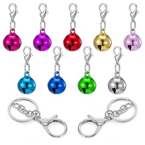 9Pcs Pet Collar Bells+ 2Pcs Keychain, Colorful Metal Jingle Bells with Clasps for Cat & Dog Collars, Loud Crisp Sound, Stainless Steel Charms for Pet Accessories & DIY Keychains (Random Colors)