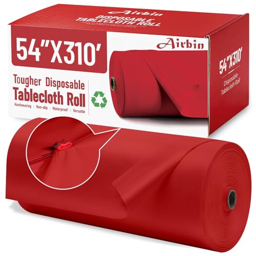 Image of Plastic Table Cloth, 310 Ft X 54 in Disposable Tablecloth Red Tablecloth Premium PEVA Plastic Table Cloth Disposable with Any Cut Sliding Cutters for Picnics, Parties, Birthdays, Festivals