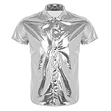 iEFiEL Herren Freizeithemd Kurzarm Wetlook Metallic Shirt Unterhemd Männer Polizei Muskelshirt mit Brustaschen Clubwear Silber Stil A X-Large