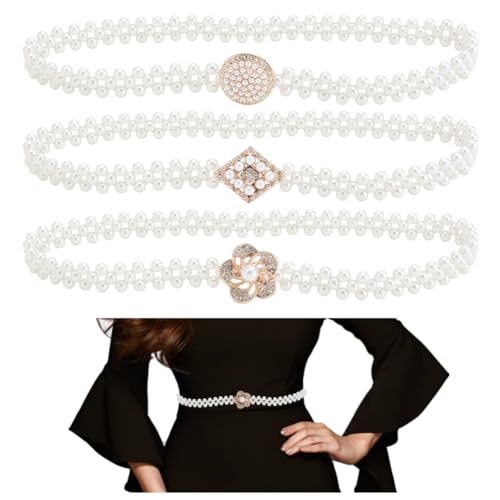 WADORN 3 Styles Elastic Pearl Belt for Women, White Beaded Adjustable Stretch Chain Belts Imitation Pearl Retro Decoration Waist Belt DIY Clothing Waist Accessories for Shirt Wedding Dress