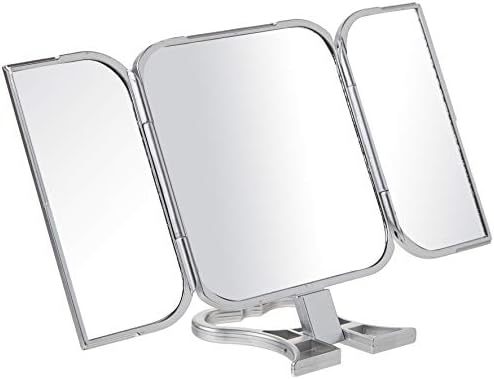 Portable 3 Sided Foldable Beauty Mirror with Built in Stand, Silver