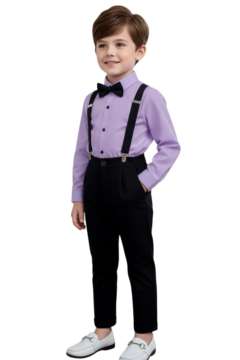 Veta Wear Classic Boy’s Formal Outfit Lycra Blend Shirt, Black Suspender Pants & Bow Tie Set Perfect Wedding & Party Attire for 2-7Y Kids.