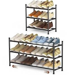 Uneviesyka Expandable Shoe Rack, 3 Tier Shoe Rack for Closet, Stackable Adjustable Standing Metal Shoe Shelf Organizer Storage, Small Shoe Racks for Front Door Entrance、Entryway(Black)