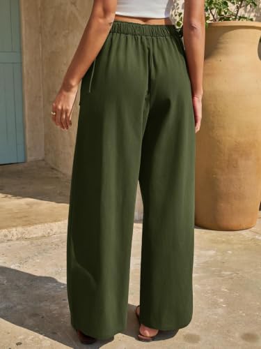 Fisoew Womens' Wide Leg Pants Casual Low Rise Loose Drawstring Elastic Waisted Cotton Fall Pants Army Green - image 5