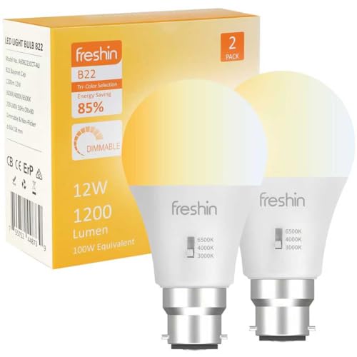 Tri-Colour LED Bulb FRESHIN B22 12W Dimmable 1200lm Edison Screw, No Flicker Light Bulb, 3000K/4000K/6500K,3CCT Quick Manual Switch, CRI>80+, Energy Saving, RCM Certified (2)