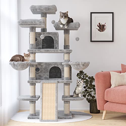 Sha Cerlin 68 Inches Multi-Level Large Cat Tree For Large Cats/Big Cat Tower With Cat Condo/Cozy Plush Cat Perches/Sisal Scratching Posts And Hammocks/Cat Activity Center Play House, Grey #TOP1
