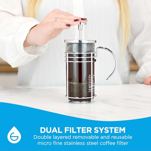 GROSCHE MADRID French Press - Premium Coffee and Tea Maker - 0.35L - 11.8oz - Borosilicate Glass Beaker - Dual Filter System For Rich Brew - Versatile Brewing | Stainless Steel Filter