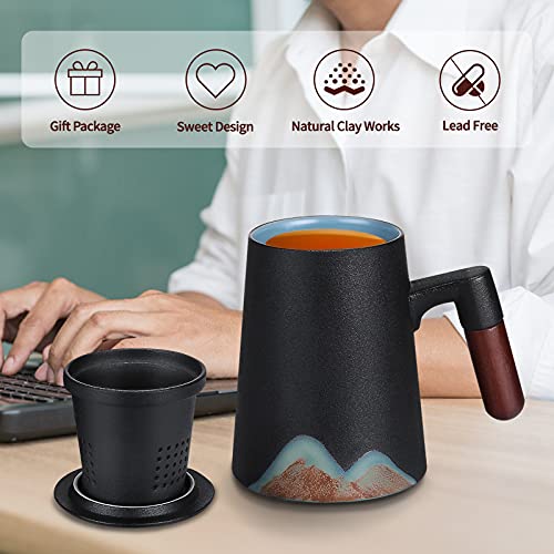 Enjohos Wooden Handle Tea Mug Japanese Style Large Ceramic Tea Cup With Infuser And Lid, Fine Porcelain Infuser Mug For Work Life Gift (14 Oz, Matte Black) #TOP1
