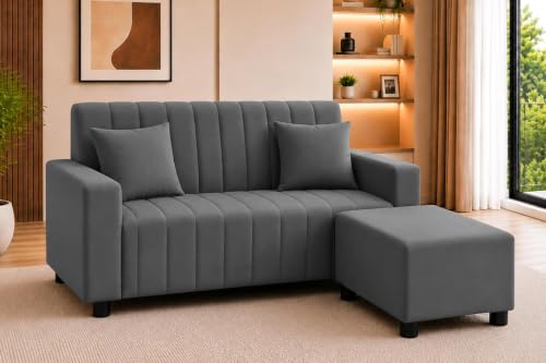 Image of Rosebell 2 Seater Sofa Set with Ottoman | Living Room Couch | with Cushions | Sofa for Home, Office & Apartment-Grey Color