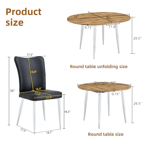 Image of Extendable Round Dining Table Set for 4, 42-54 inch Expandable Dining Table with 4 Upholstered Chairs, Engineered Wood Top, Space-Saving Round Kitchen & Dining Room Table Set(1 Table + 4 Black Chairs)