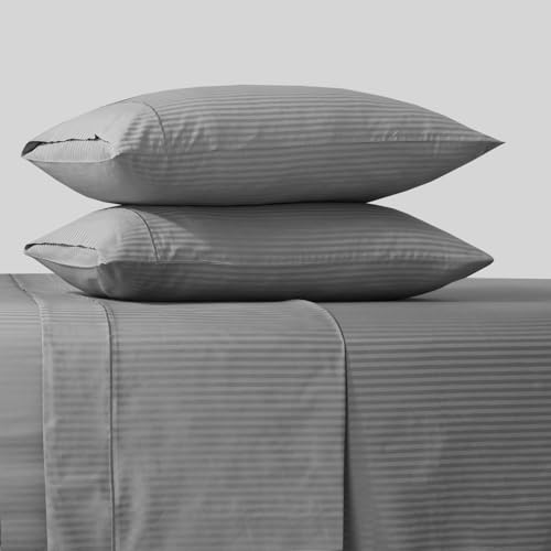 Image of Feather & Stitch 500 TC Split King Size Sheet Set, 5 piece Bed Sheets Set-2 Twin Fitted Sheet, 1 King Flat Sheet & 2 King Pillowcases, 18 inch Deep Pockets Sateen Weave Striped Bedsheet - (Grey Stripe)
