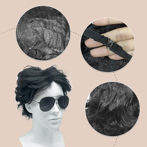 MIVAIUN Wigs Mens Short Curly Fluffy Cosplay Halloween Character Costume 70s 80s Disco Dude Wig Layered Curly Afro Shaggy Wig Black Handsome Men's Daily Costume Rock Hippy Star(Black) - Image 2